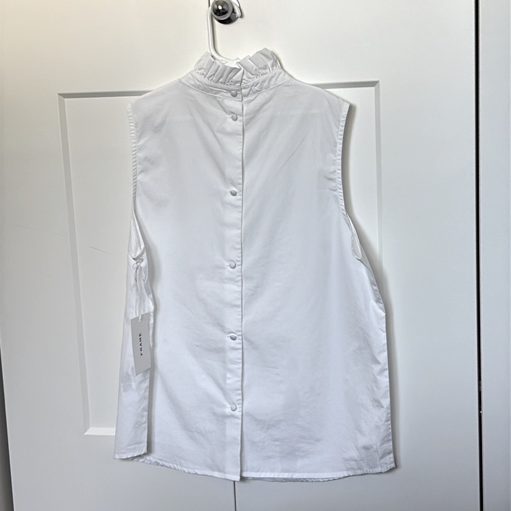 NWT [Frame] High Neck Sleeveless Ruffle Back Button Blouse Top White Women’s S - Picture 4 of 14